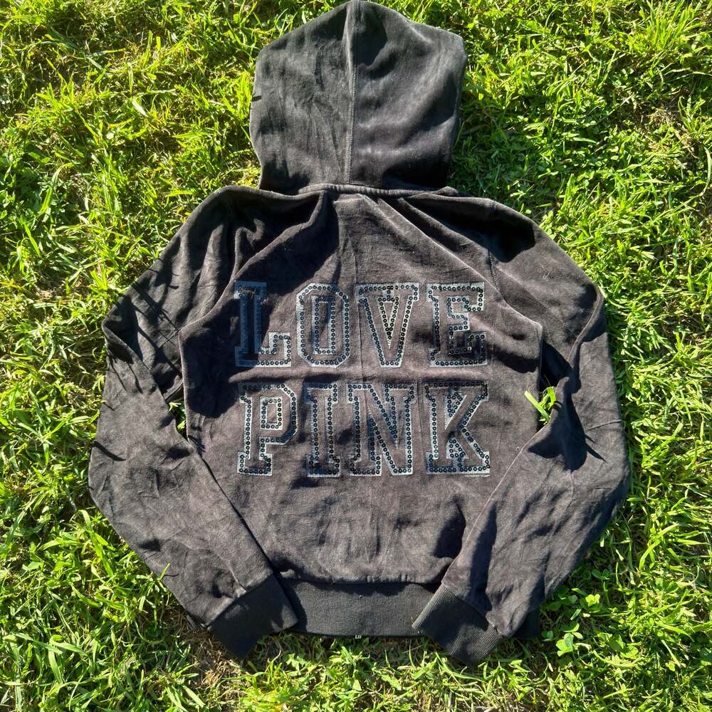 Victoria's Secret PINK Black Velour Zip-Up Hoodie with Sequin Logo